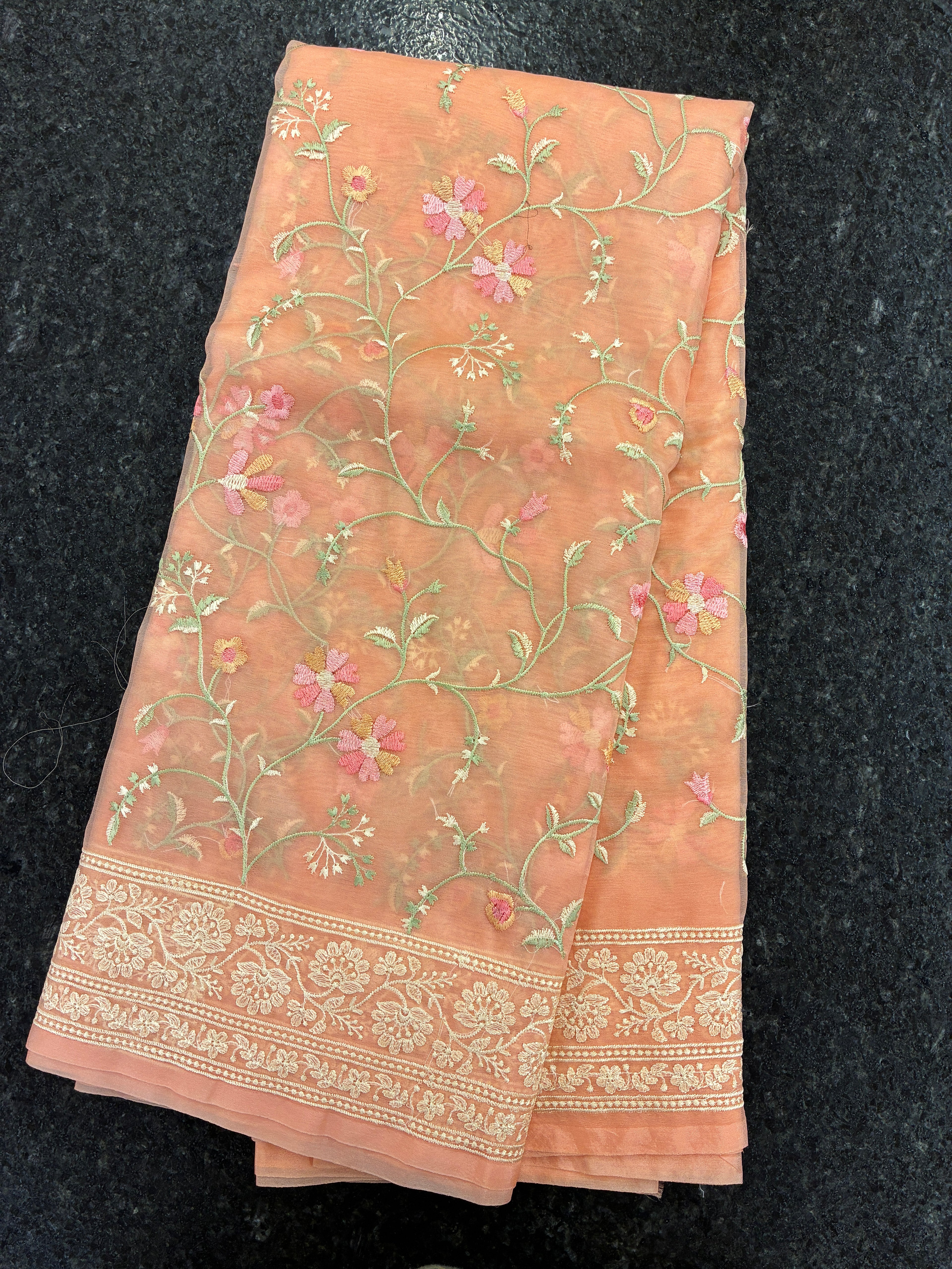 Organza Floral rich embroidery Saree - Peach