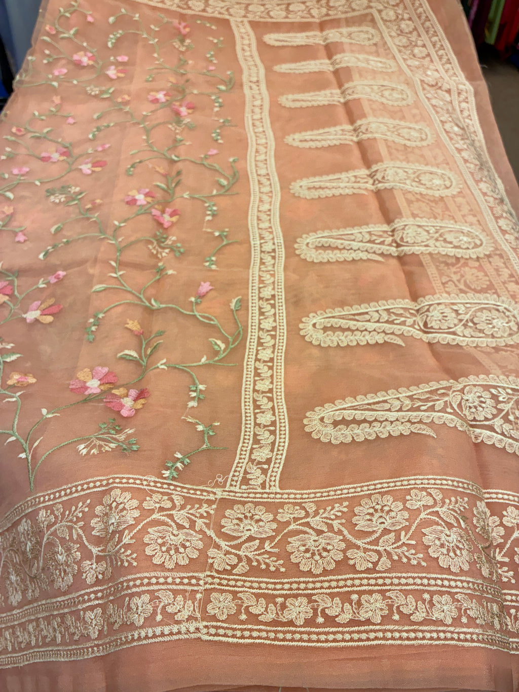Organza Floral rich embroidery Saree - Peach