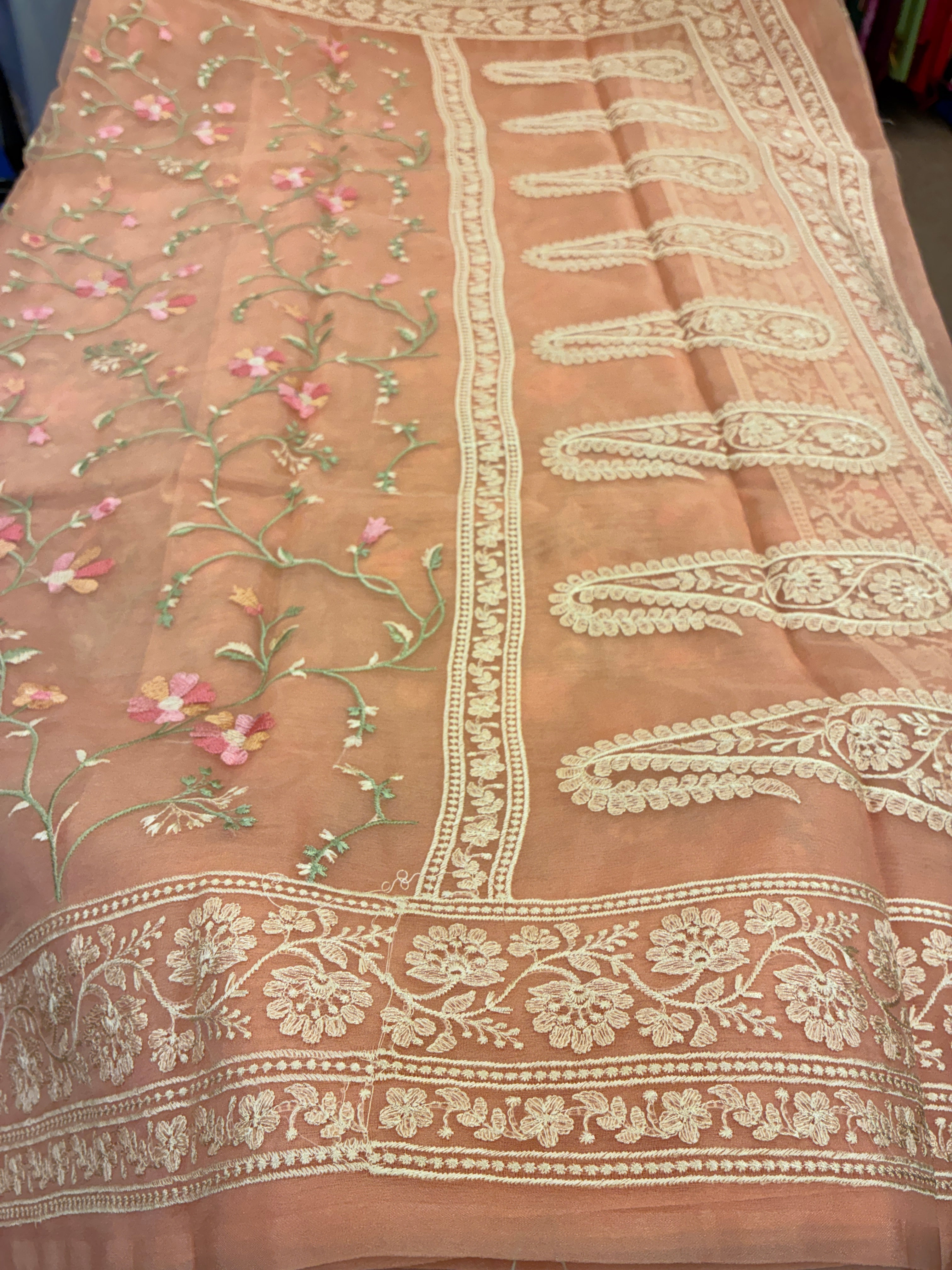 Organza Floral rich embroidery Saree - Peach