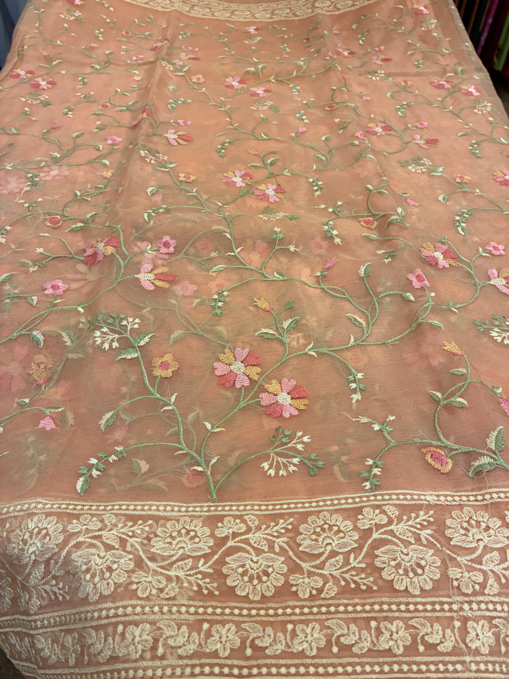 Organza Floral rich embroidery Saree - Peach