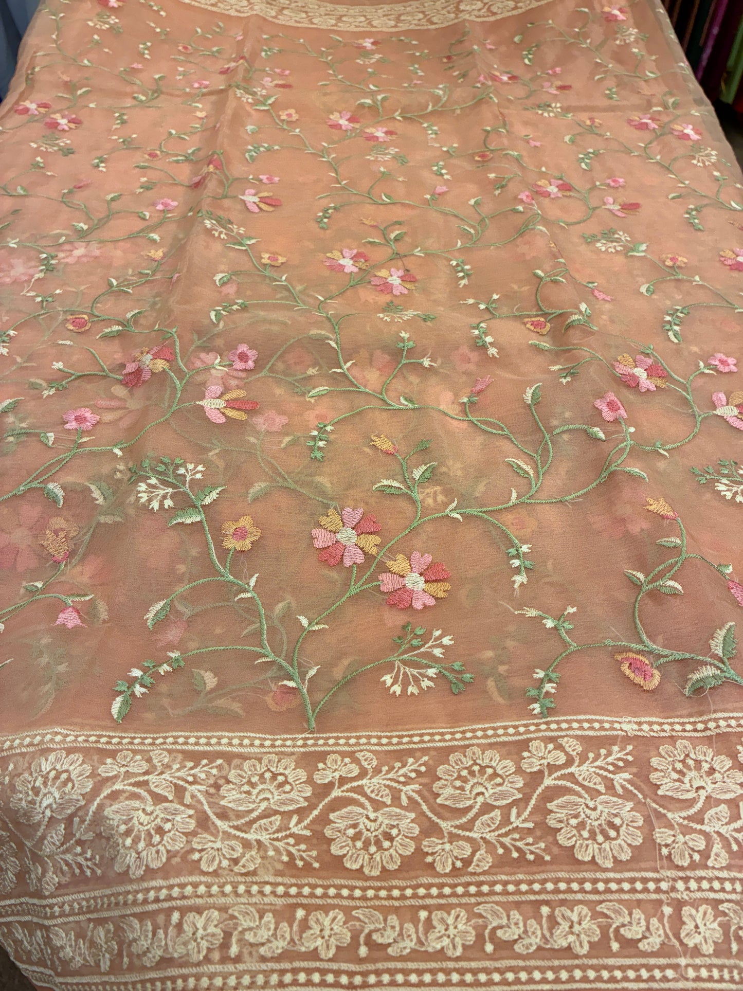 Organza Floral rich embroidery Saree - Peach