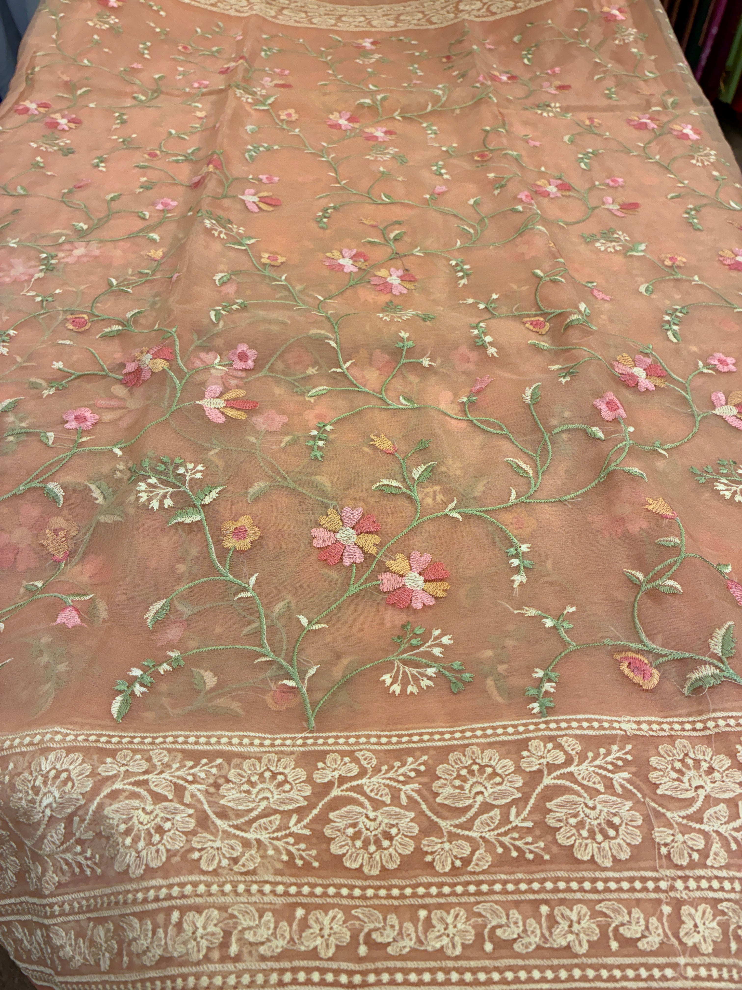 Organza Floral rich embroidery Saree - Peach