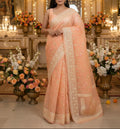 Organza Floral rich embroidery Saree - Peach