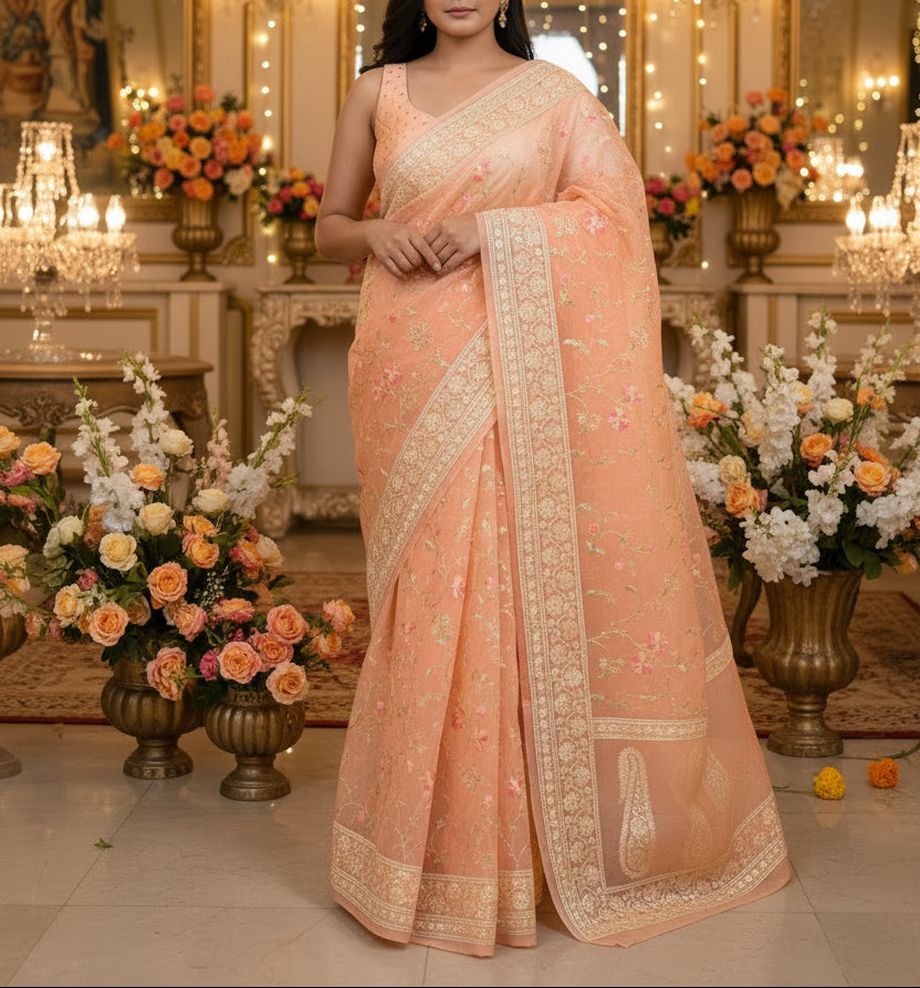 Organza Floral rich embroidery Saree - Peach