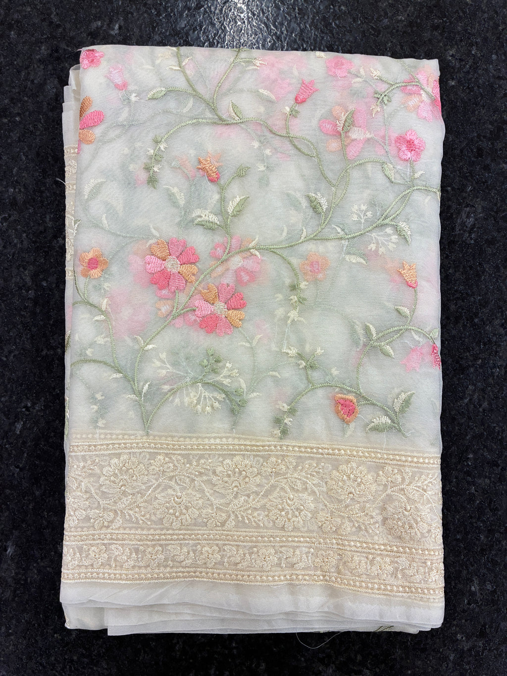 Organza Floral rich embroidery Saree - Off White