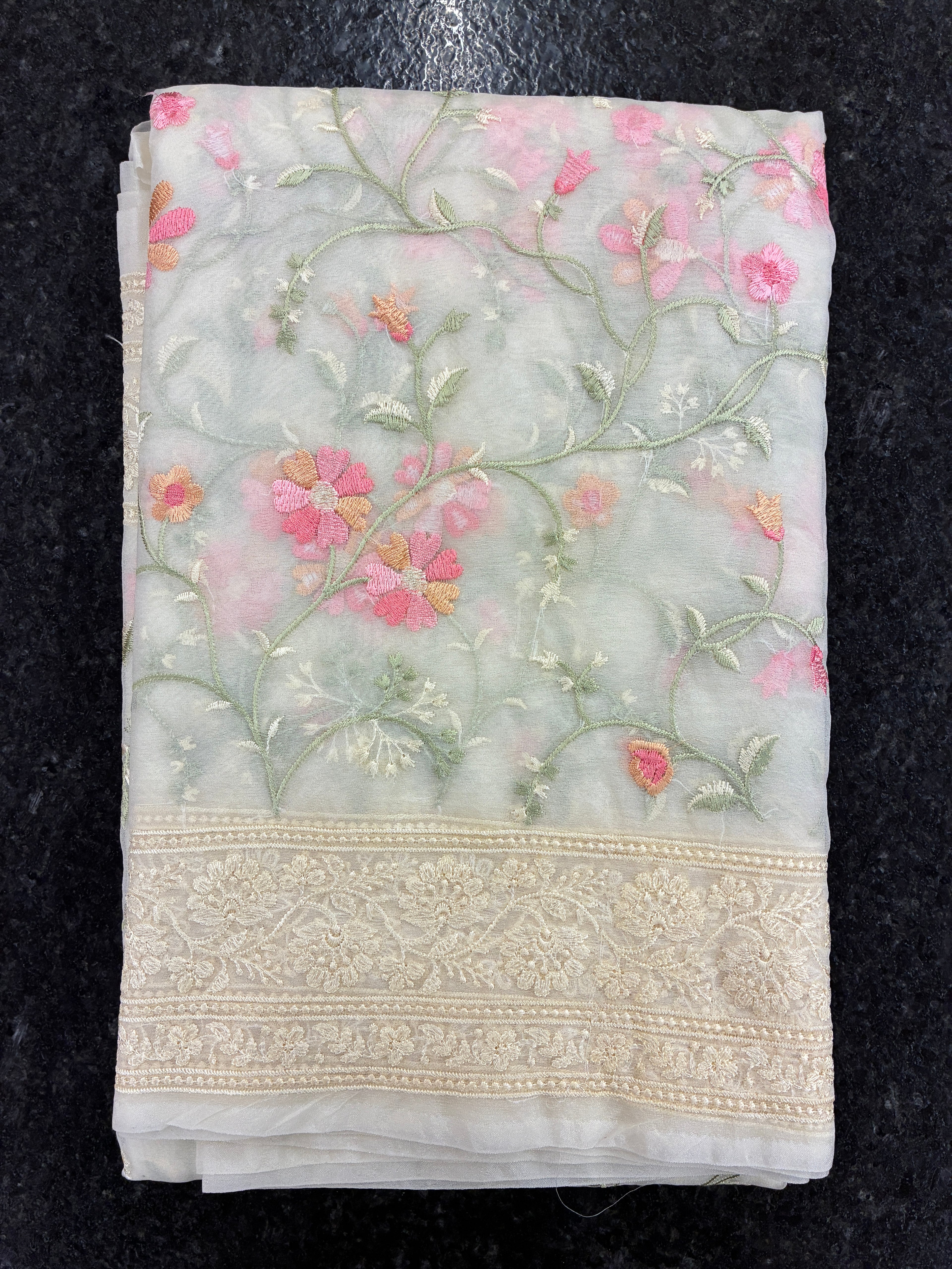 Organza Floral rich embroidery Saree - Off White
