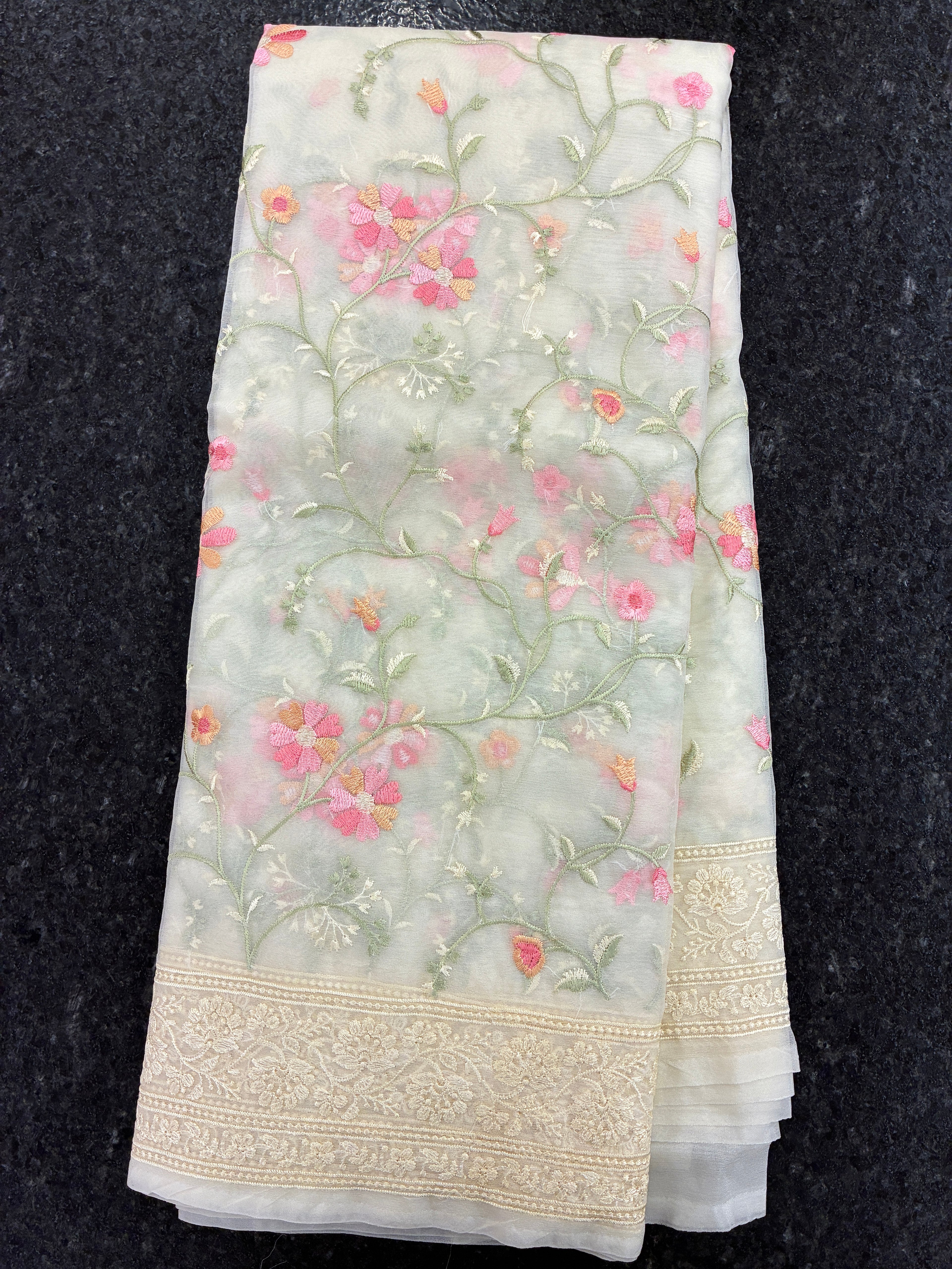 Organza Floral rich embroidery Saree - Off White