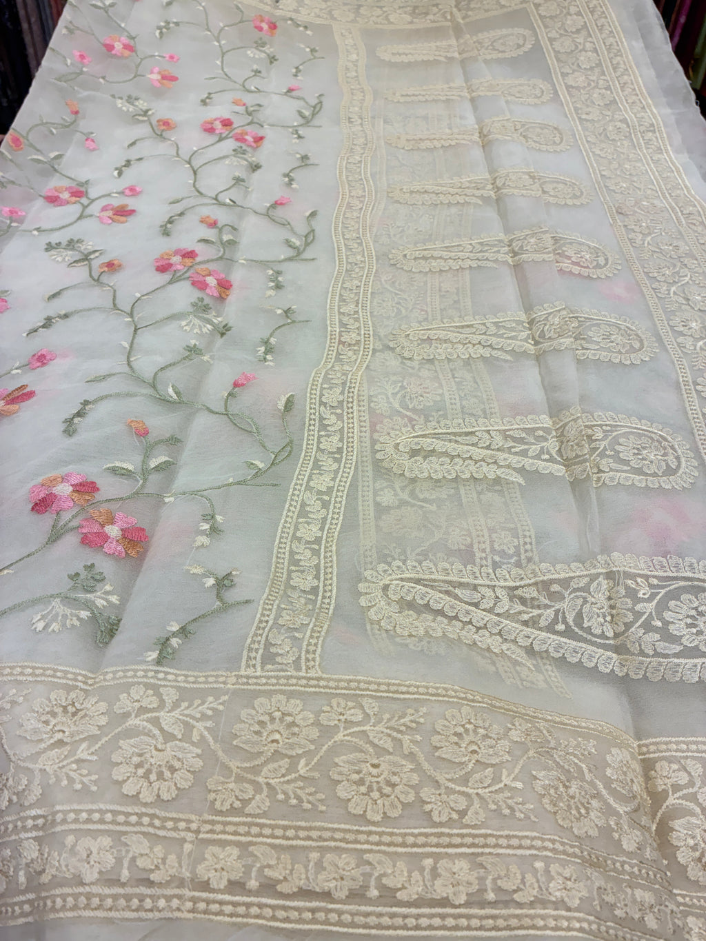 Organza Floral rich embroidery Saree - Off White