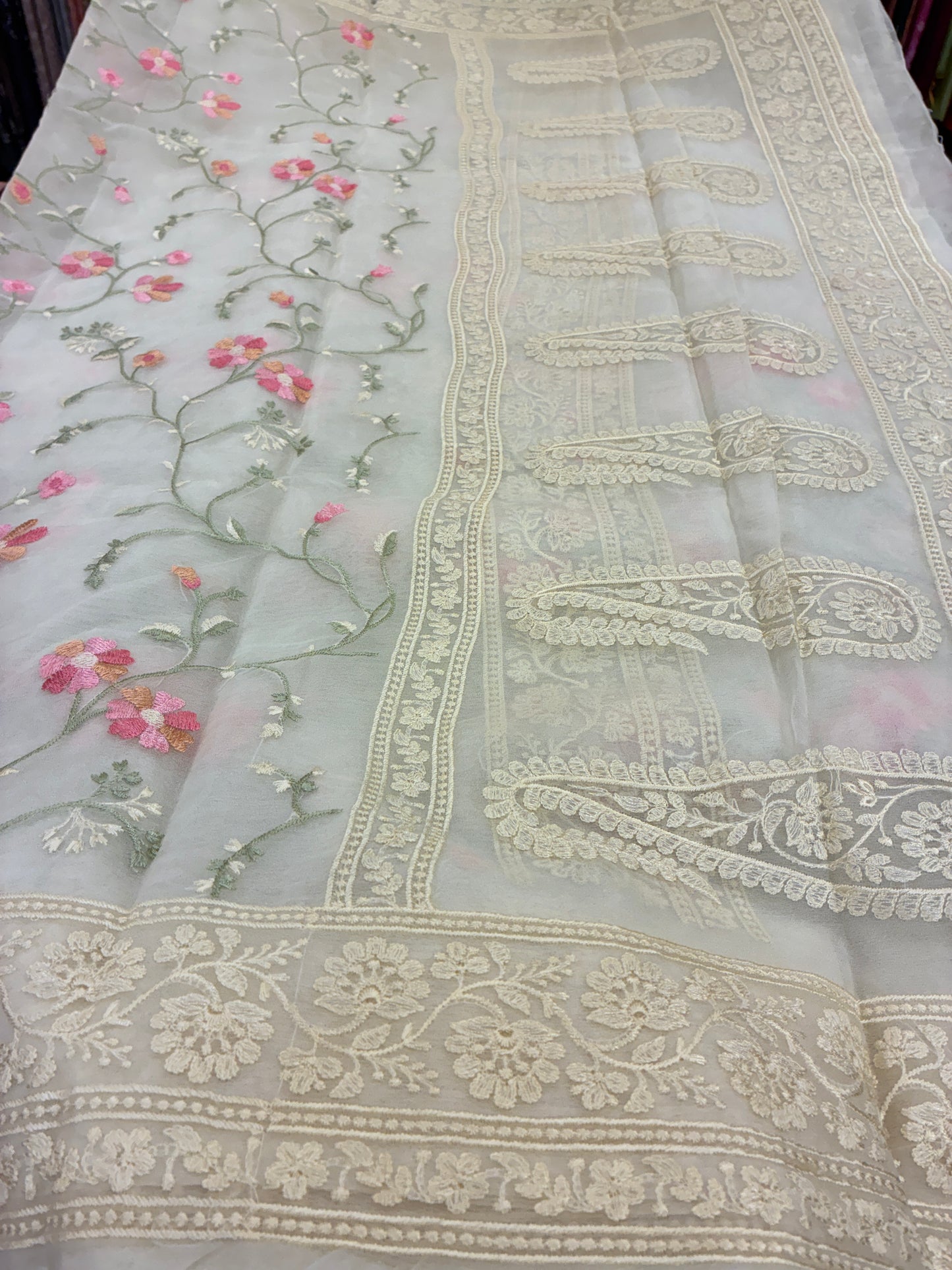 Organza Floral rich embroidery Saree - Off White