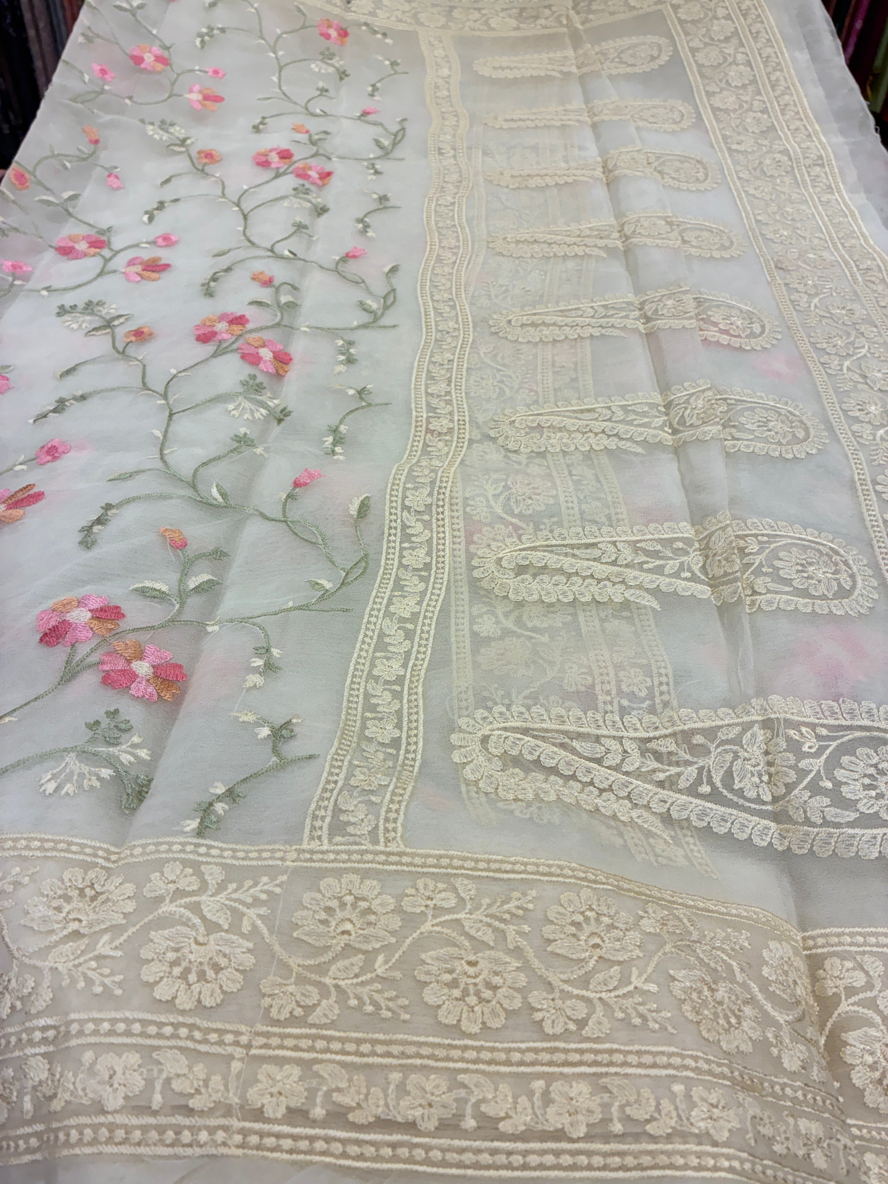 Organza Floral rich embroidery Saree - Off White