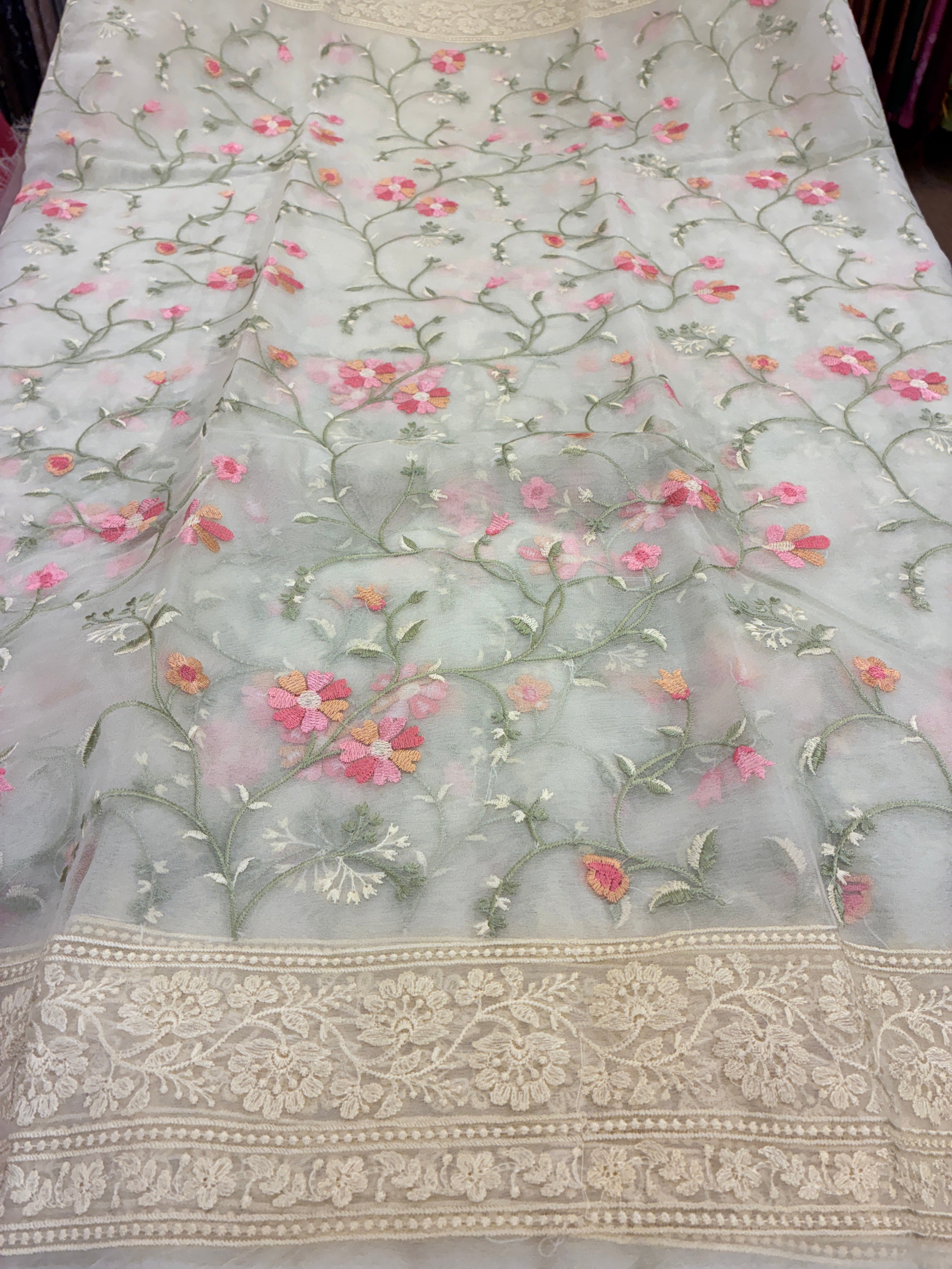 Organza Floral rich embroidery Saree - Off White