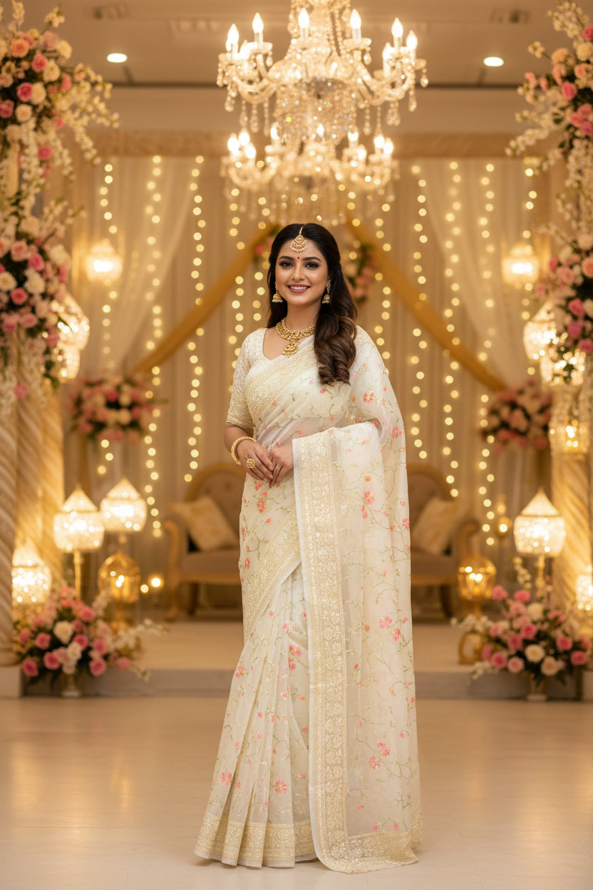 Organza Floral rich embroidery Saree - Off White