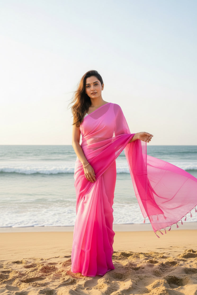 Pure Organza Silk with in Ombre Pink - Light and Dark Pink