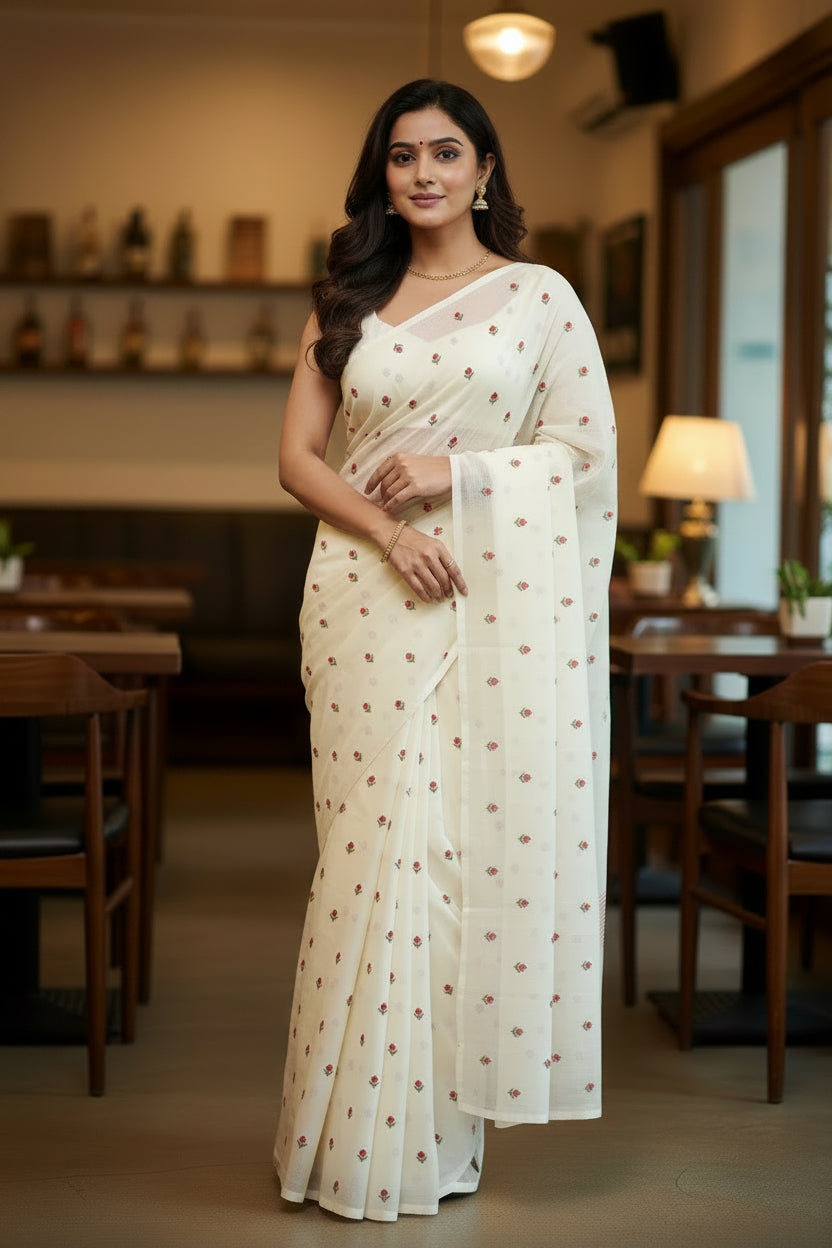 Banna's signature pure cotton saree - Cream and Red flowers