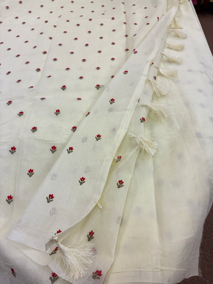 Banna's signature pure cotton saree - Cream and Red flowers