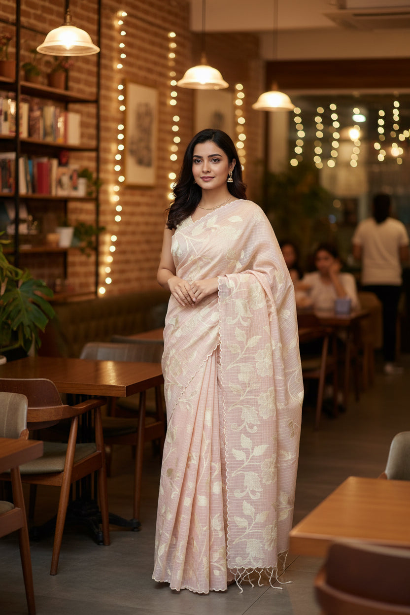 Soft Kota embroidery saree - Light Peach