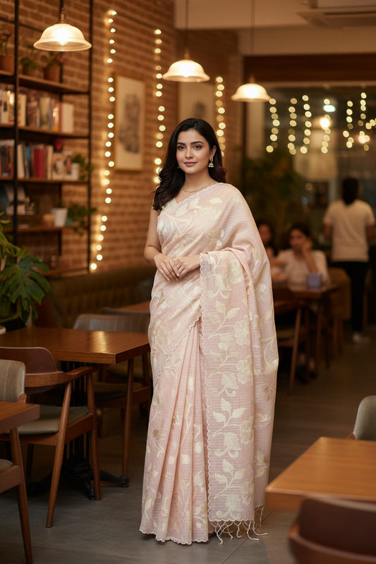 Soft Kota embroidery saree - Light Peach