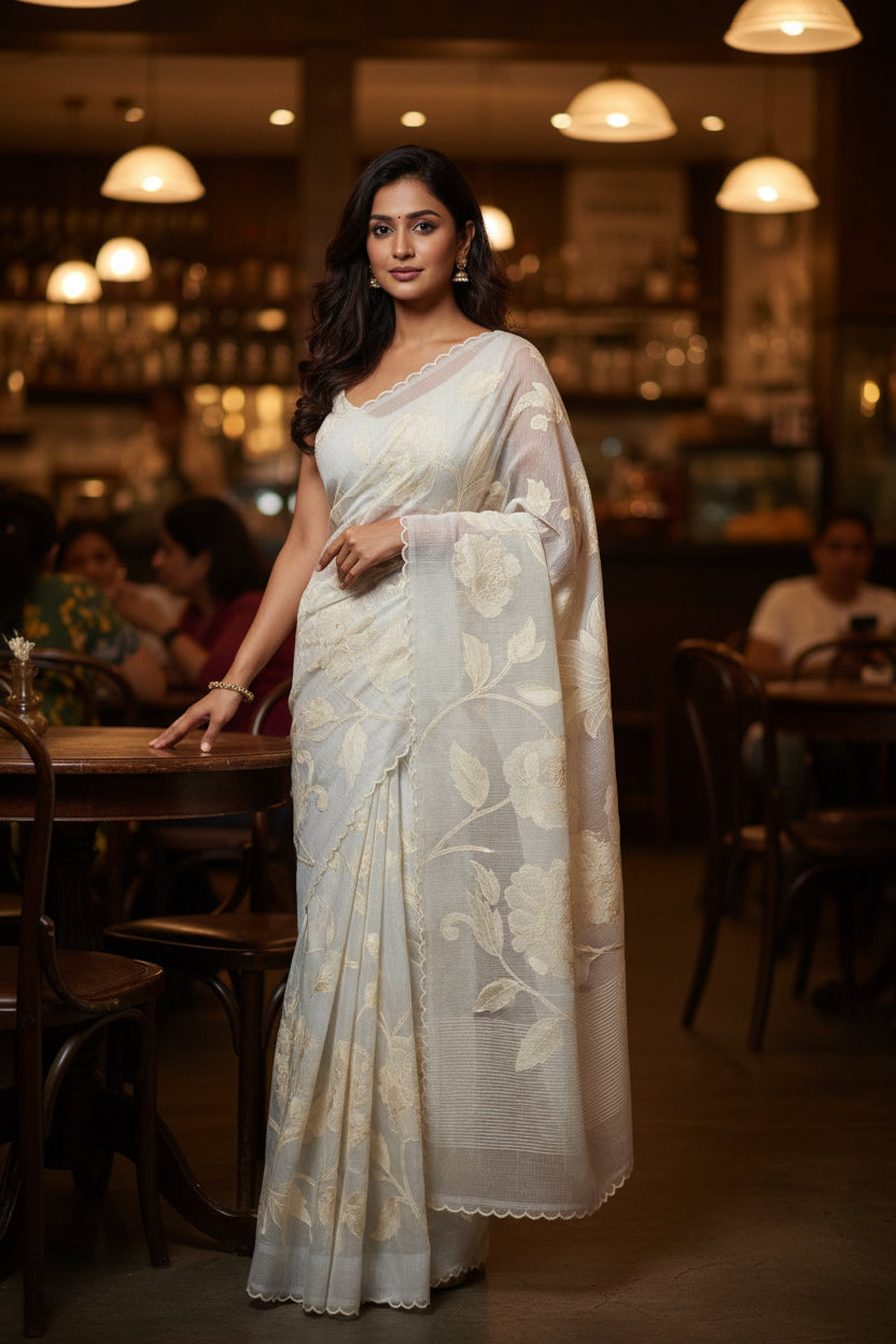Soft Kota embroidery saree - Light Grey