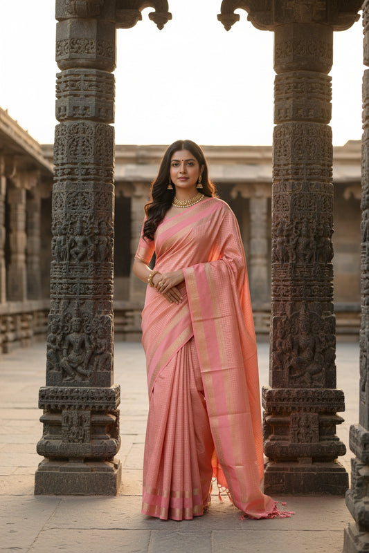 Semi Chiffon Silk checkered saree - Baby Pink