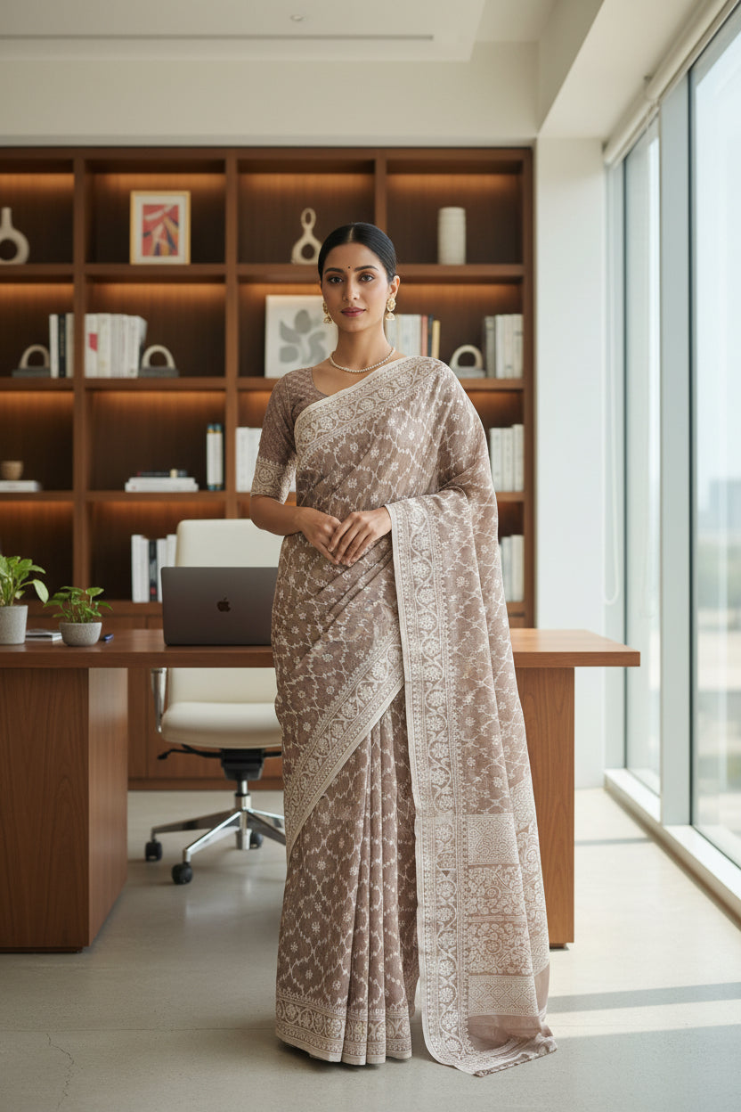 Jamdhani Cotton Saree with Silk thread work (Resham) - Light Brown