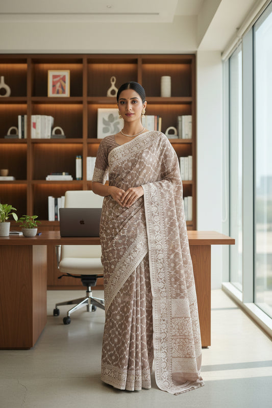 Jamdhani Cotton Saree with Silk thread work (Resham) - Light Brown