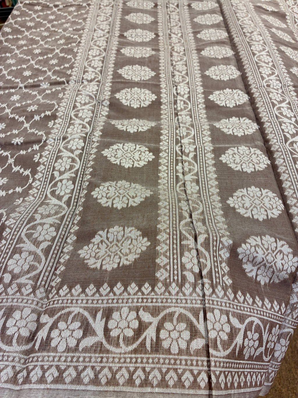 Jamdhani Cotton Saree with Silk thread work (Resham) - Light Brown