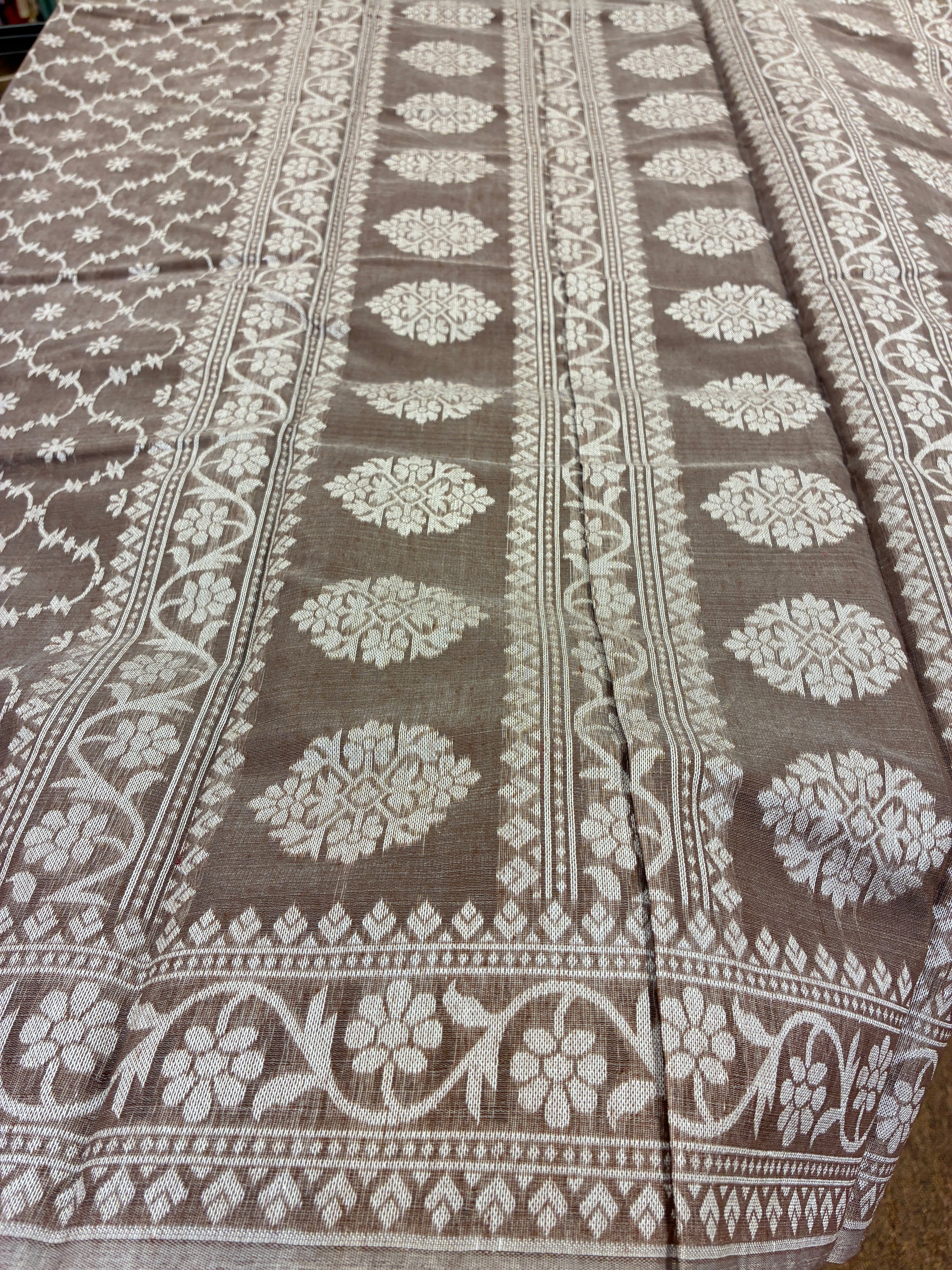 Jamdhani Cotton Saree with Silk thread work (Resham) - Light Brown