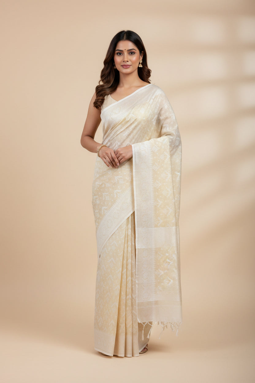 Jamdhani Cotton Saree with Silk thread work (Resham) - Lemon Yellow