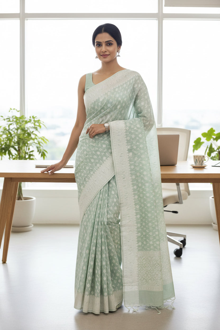 Jamdhani Cotton Saree with Silk thread work (Resham) - Sky Blue
