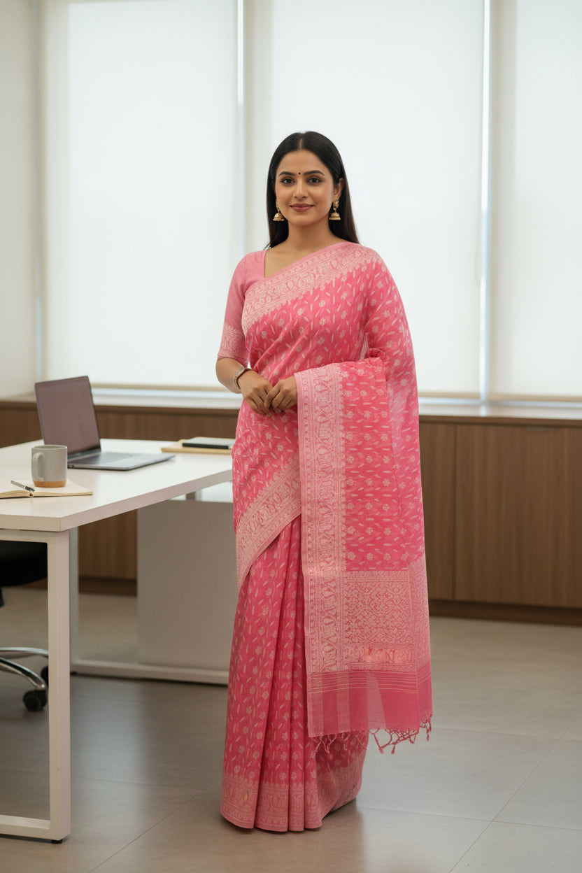 Jamdhani Cotton Saree with Silk thread work (Resham) - Pink