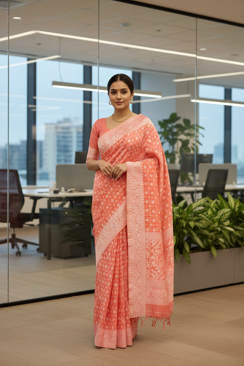 Jamdhani Cotton Saree with Silk thread work (Resham) - Peach