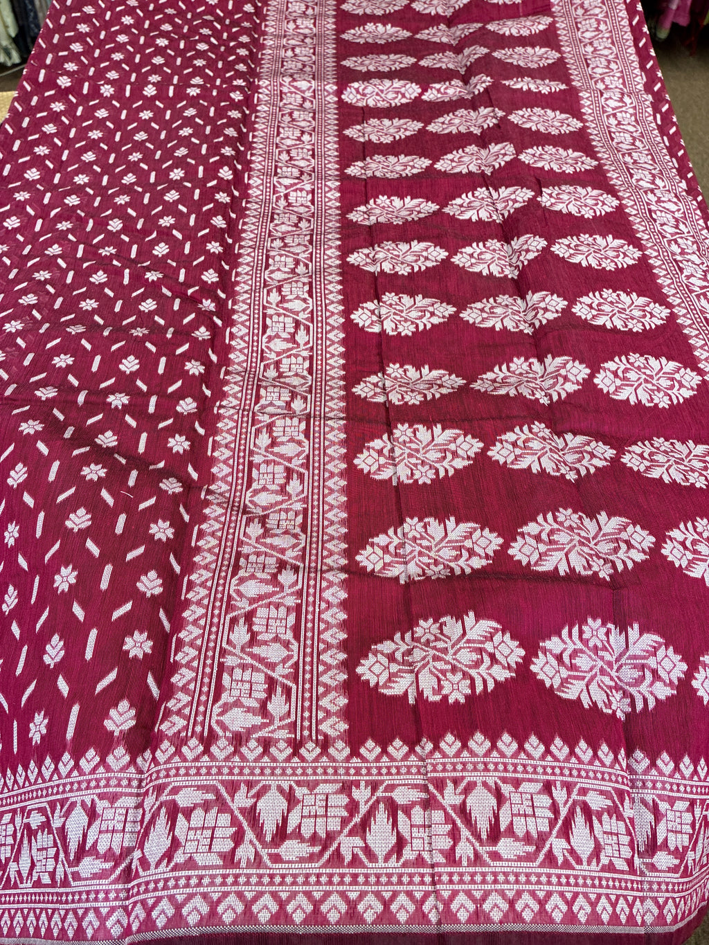 Jamdhani Cotton Saree with Silk thread work (Resham) - Wine and Brown