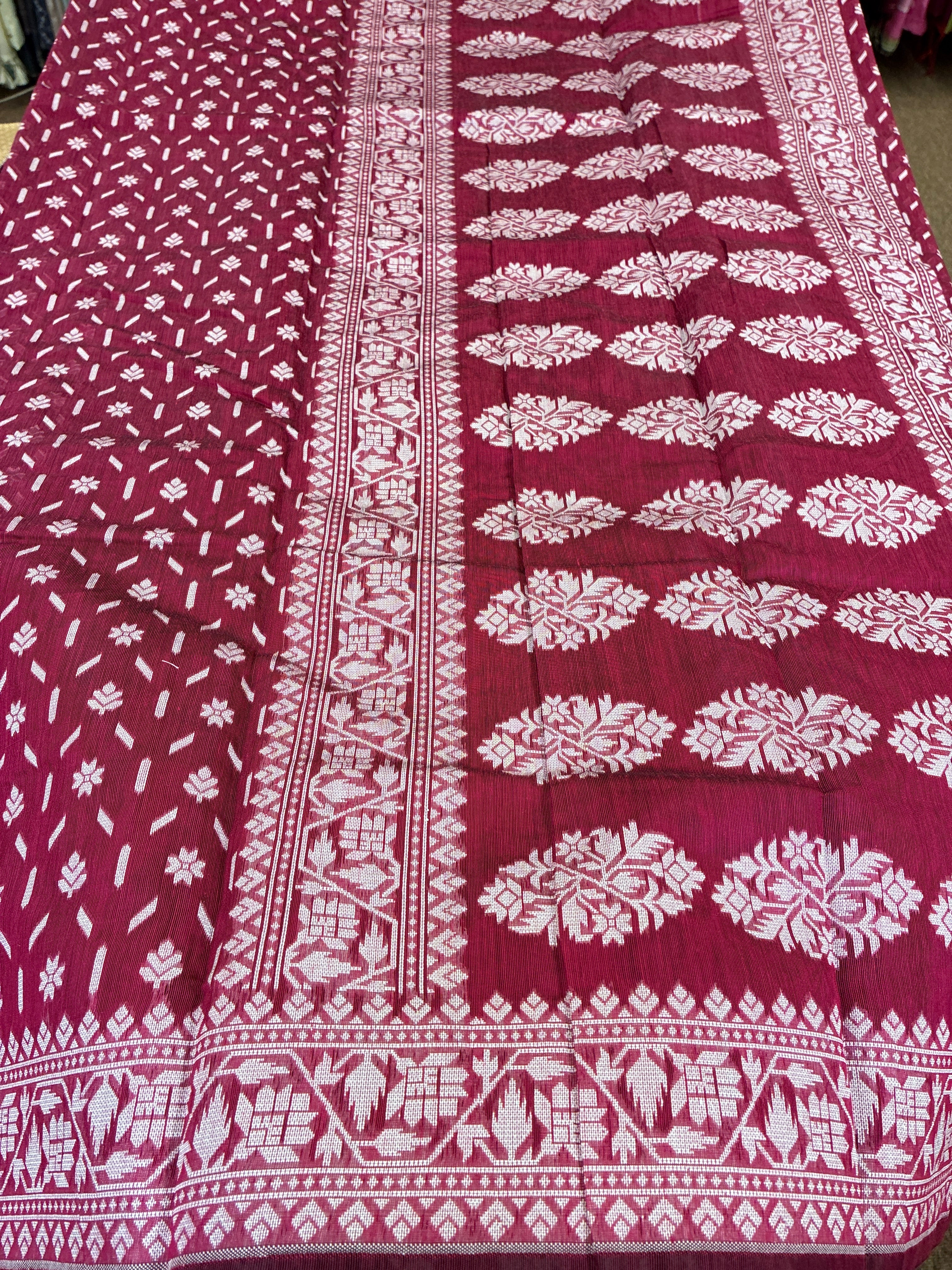 Jamdhani Cotton Saree with Silk thread work (Resham) - Wine and Brown
