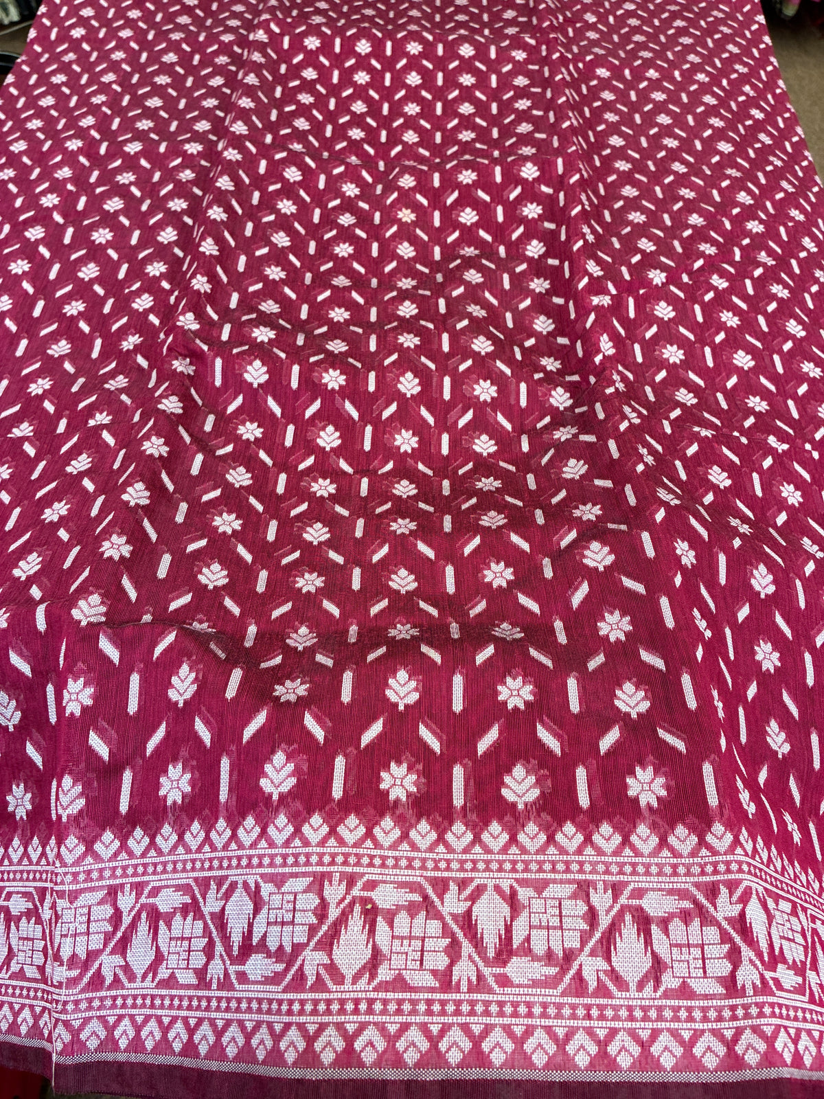 Jamdhani Cotton Saree with Silk thread work (Resham) - Wine and Brown