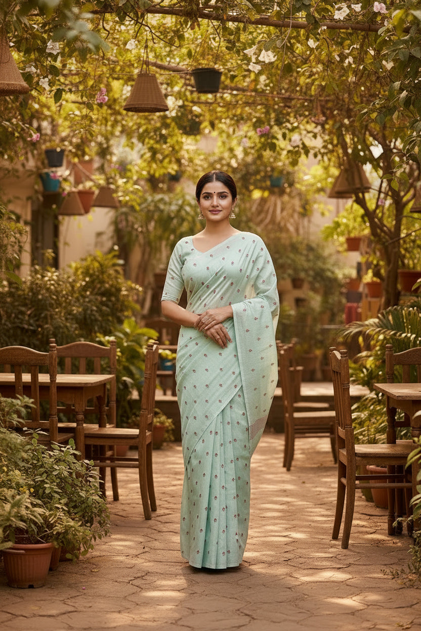 Banna's signature pure cotton saree - Greenish Blue