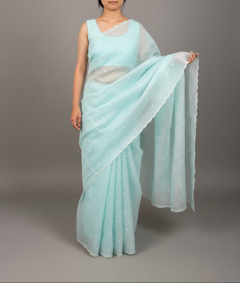 Soft Kota embroidery saree - Sky Blue