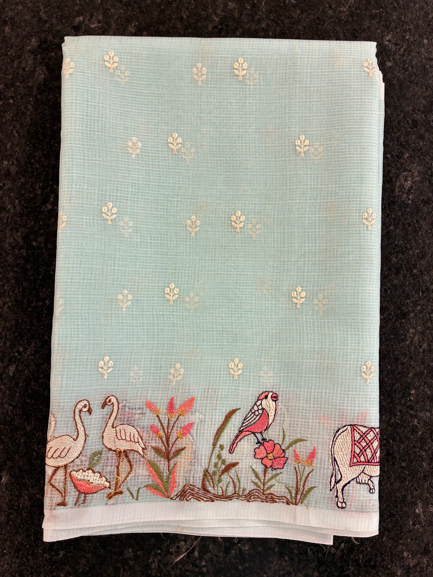 Soft Kota figurine embroidery saree - Sky Blue