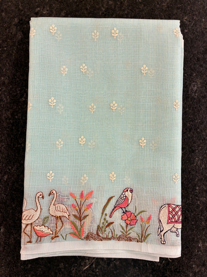 Soft Kota figurine embroidery saree - Sky Blue