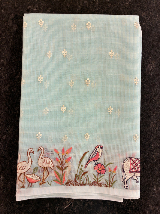 Soft Kota figurine embroidery saree - Sky Blue