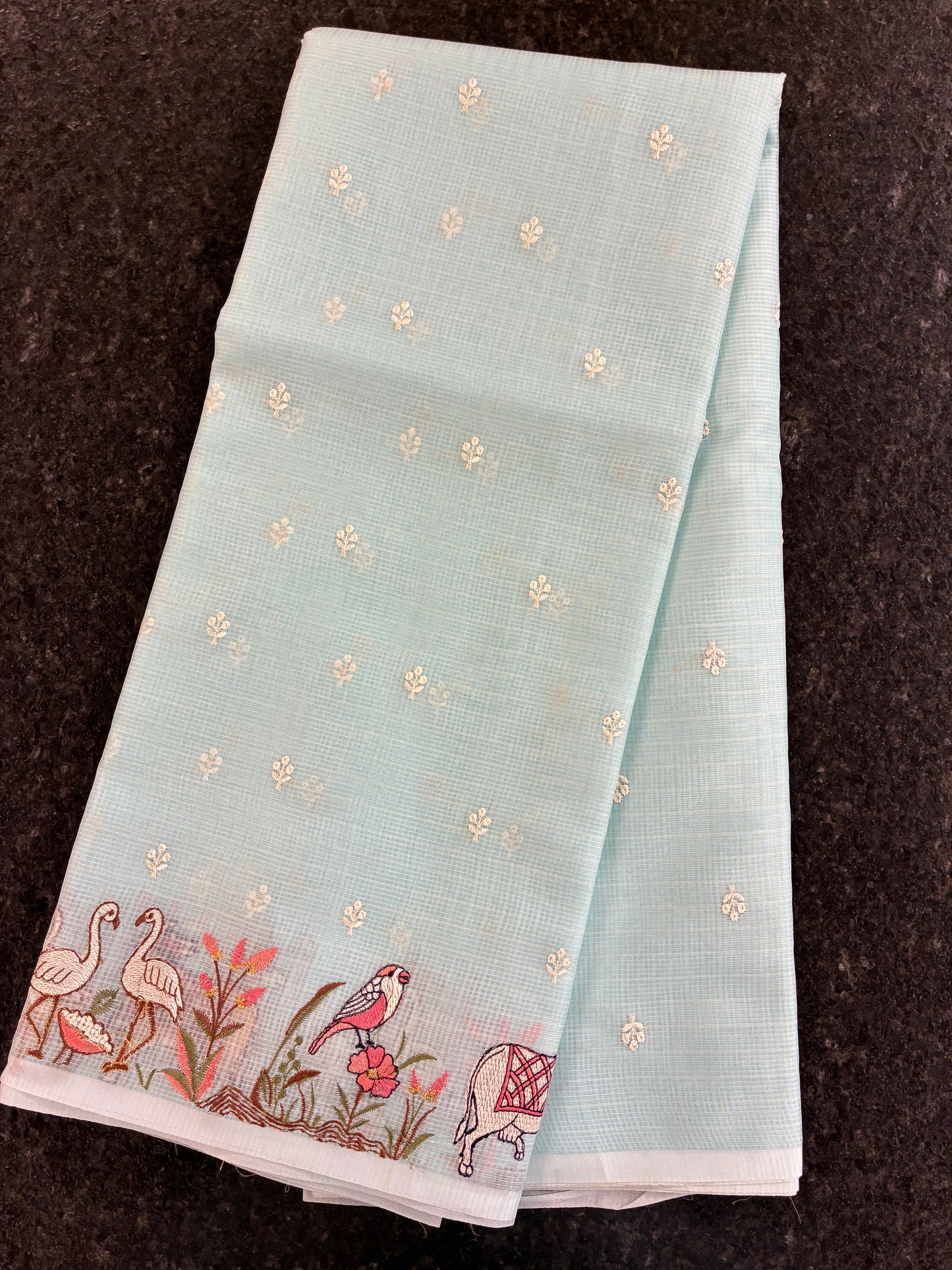 Soft Kota figurine embroidery saree - Sky Blue