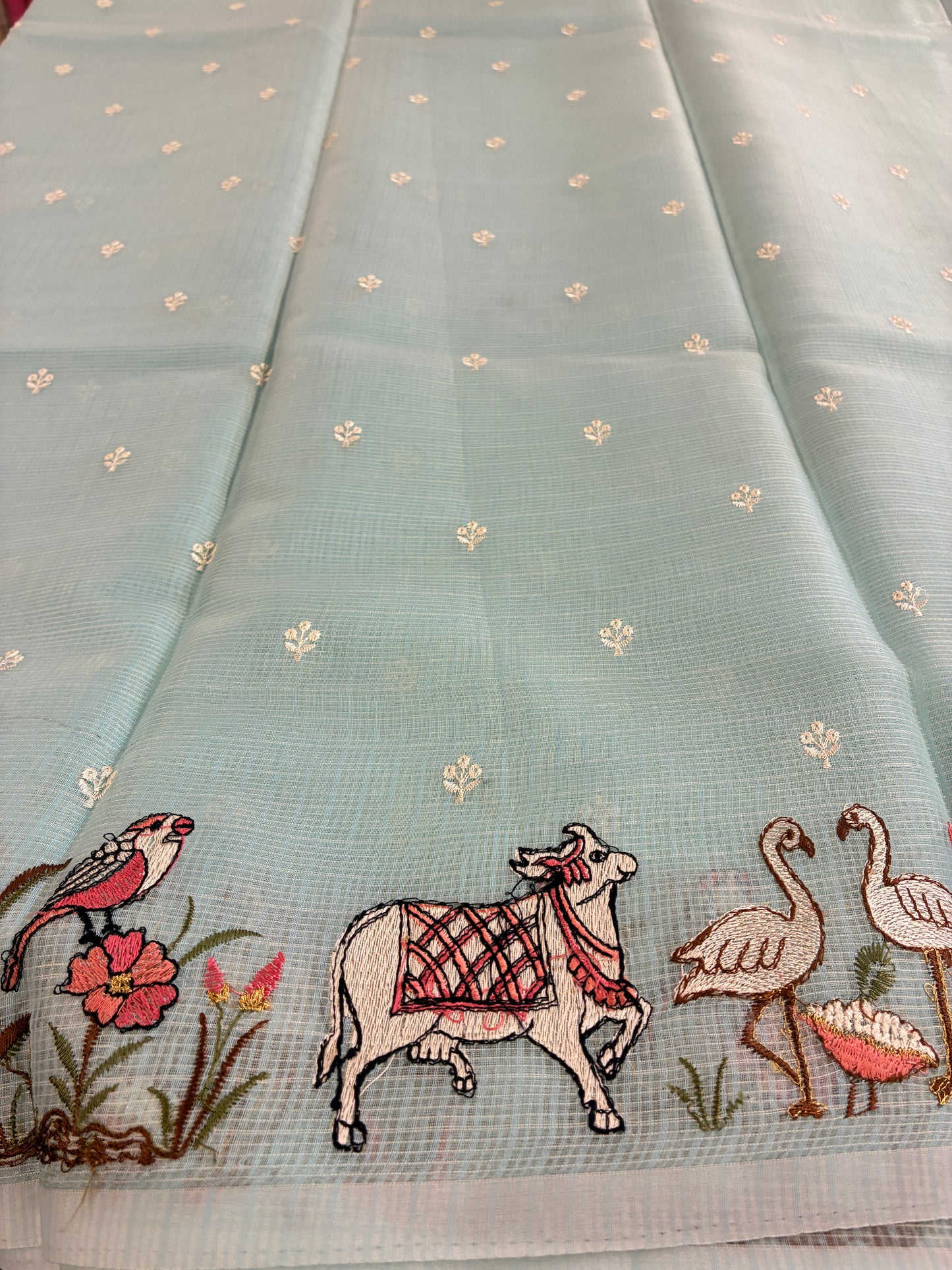 Soft Kota figurine embroidery saree - Sky Blue