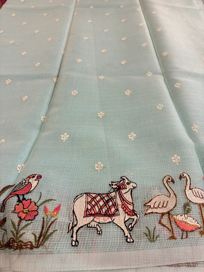 Soft Kota figurine embroidery saree - Sky Blue