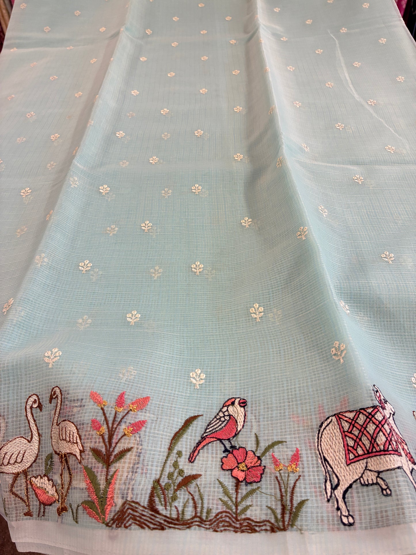 Soft Kota figurine embroidery saree - Sky Blue