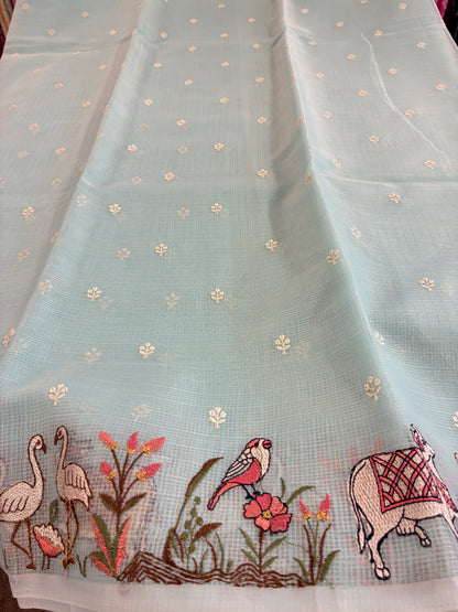 Soft Kota figurine embroidery saree - Sky Blue