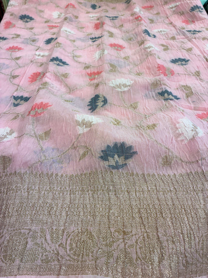 Banarasi Crush Cotton Saree - Light Pink