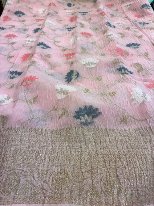 Banarasi Crush Cotton Saree - Light Pink