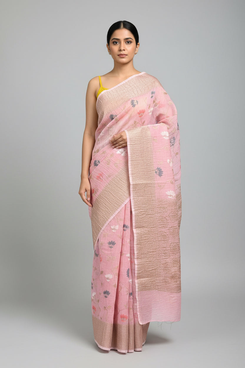 Banarasi Crush Cotton Saree - Light Pink