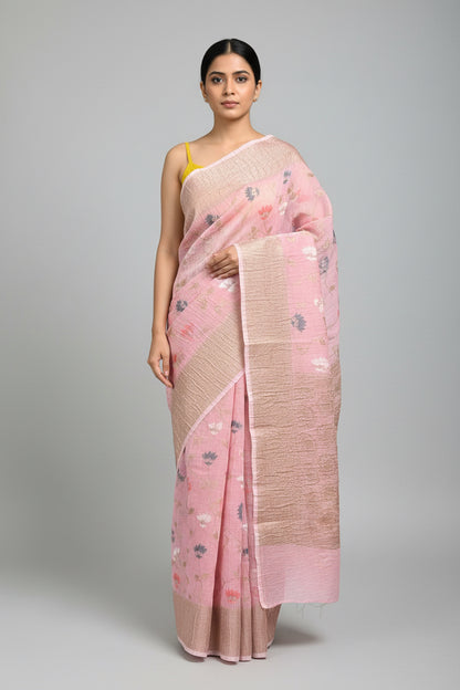 Banarasi Crush Cotton Saree - Light Pink