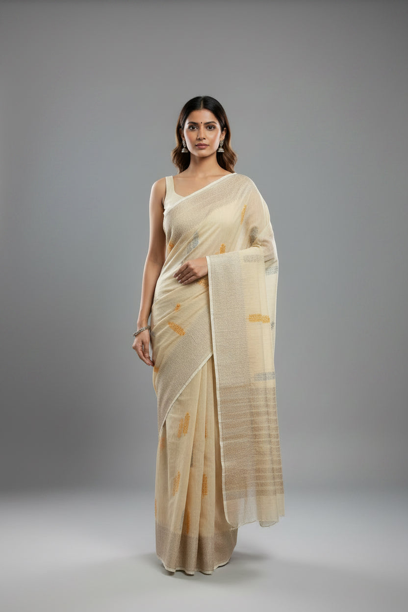 Banarasi Crush Cotton Saree - Beige brown