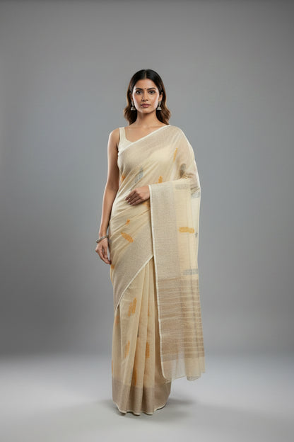 Banarasi Crush Cotton Saree - Beige brown